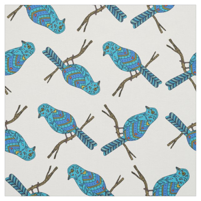 Cute Blue Colourful Bird Pattern Fabric (Swatch)