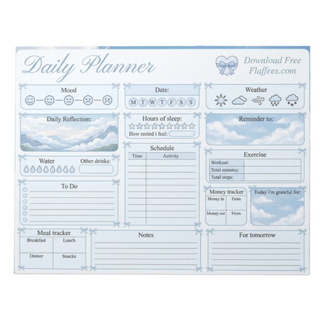 Cute Blue Coquette Sky Daily Planner Notepad (Front)