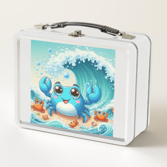 Cute blue crab  metal lunch box (Front)