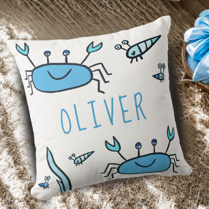 Cute Blue Crab Sea Animals Boy Name Throw Pillow