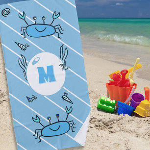 Cute Blue Crab Sea Animals Kids Monogram Beach Tow Towel