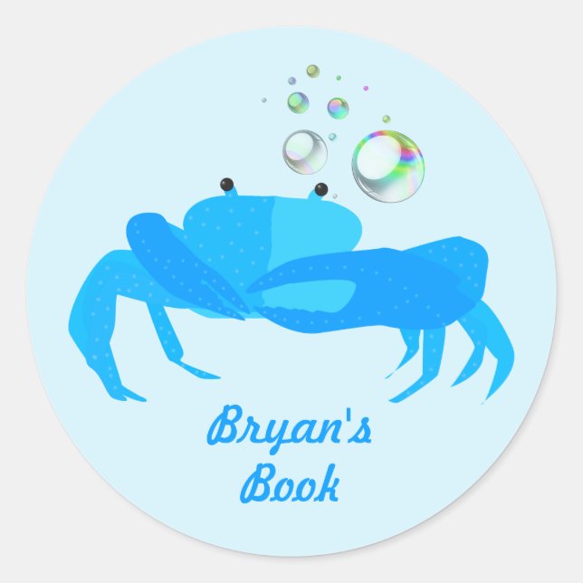 Cute Blue Crab with Bubbles Nautical Book Plate Classic Round Sticker (Front)