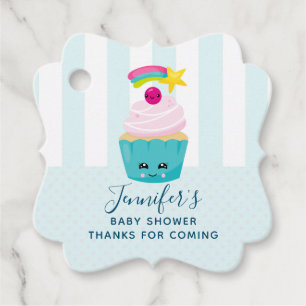 Cute Blue Cupcake with Kawaii Face Baby Shower Favour Tags