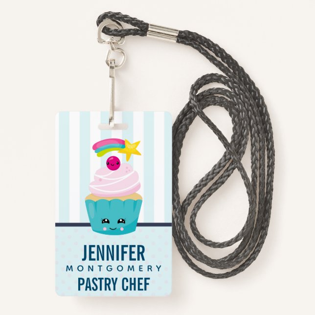 Cute Blue Cupcake with Kawaii Face Badge (Front with Lanyard)