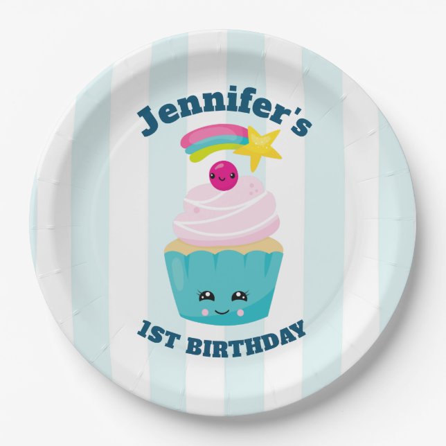 Cute Blue Cupcake with Kawaii Face Birthday Paper Plate (Front)