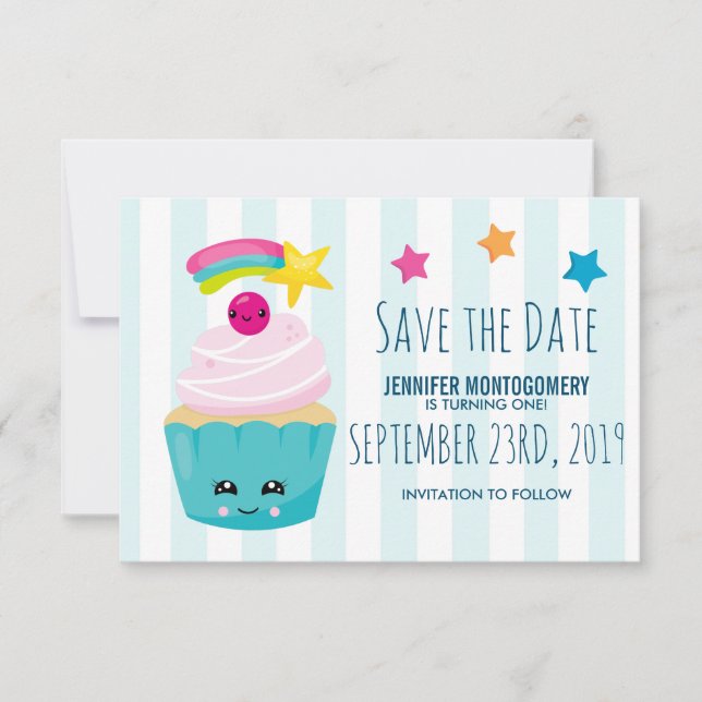 Cute Blue Cupcake with Kawaii Face Birthday Save The Date (Front)