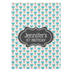 Cute Blue Cupcake with Kawaii Face Birthday Tablecloth