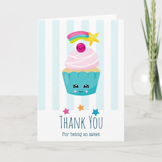 Cute Blue Cupcake with Kawaii Face Birthday Thanks Card (Front)