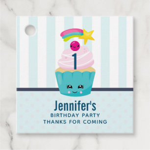 Cute Blue Cupcake with Kawaii Face Birthday Thanks Favour Tags