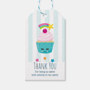 Cute Blue Cupcake with Kawaii Face Birthday Thanks Gift Tags