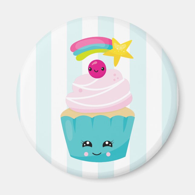 Cute Blue Cupcake with Kawaii Face Magnet (Front)