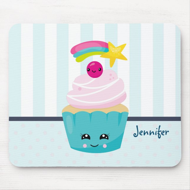 Cute Blue Cupcake with Kawaii Face Mouse Pad (Front)