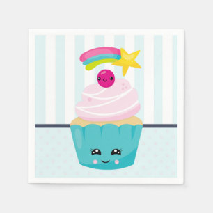 Cute Blue Cupcake with Kawaii Face Napkin