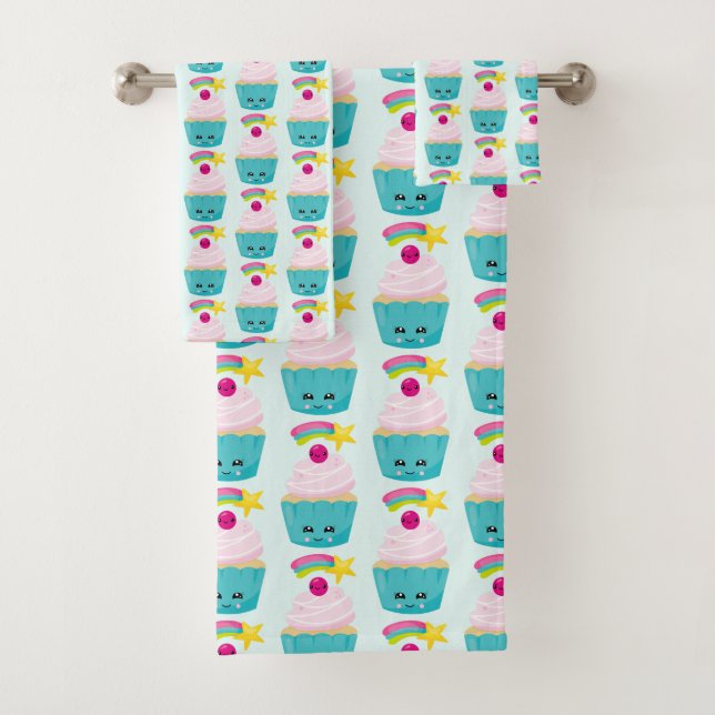 Cute Blue Cupcake with Kawaii Face Pattern Bath Towel Set (Insitu)