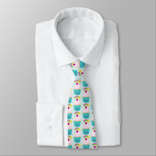Cute Blue Cupcake with Kawaii Face Pattern Tie