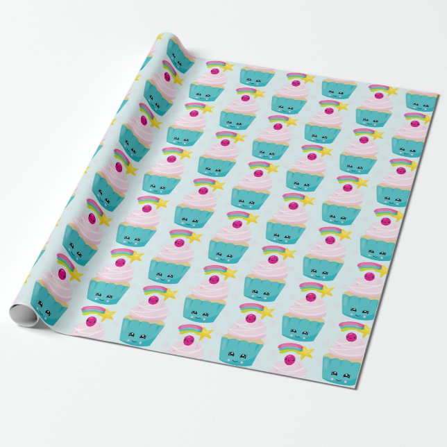 Cute Blue Cupcake with Kawaii Face Pattern Wrapping Paper (Unrolled)