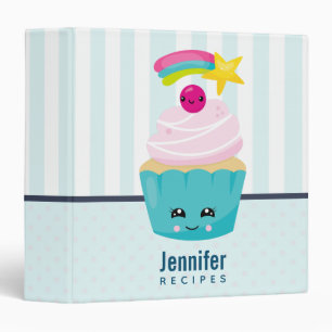 Cute Blue Cupcake with Kawaii Face Recipe Binder