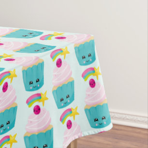 Cute Blue Cupcake with Kawaii Face Tablecloth