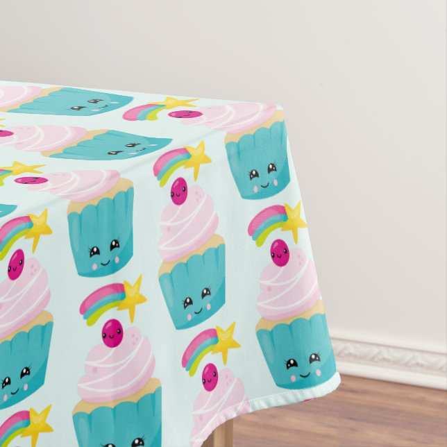 Cute Blue Cupcake with Kawaii Face Tablecloth (In Situ)