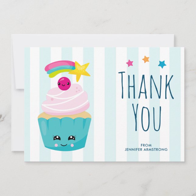 Cute Blue Cupcake with Kawaii Face Thank You (Front)