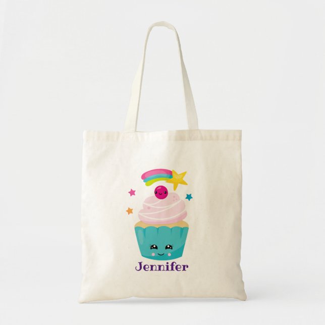 Cute Blue Cupcake with Kawaii Face Tote Bag (Front)