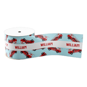 Cute Blue Custom Name Firetruck Kids Birthday Grosgrain Ribbon