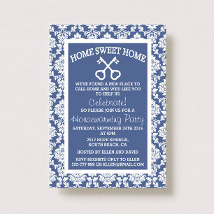 Cute Blue Damask Home Sweet Home Housewarming Invitation