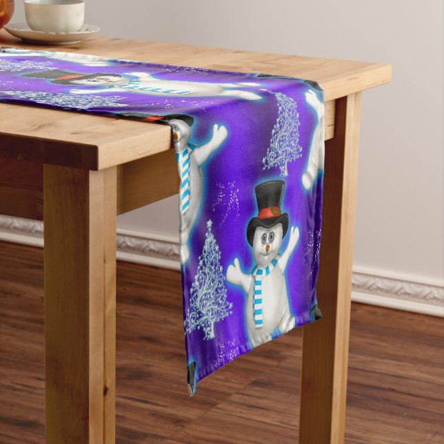 Cute Blue Dancing Snowman Christmas Short Table Runner (In Situ)