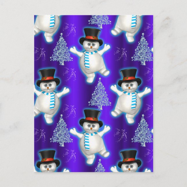 Cute Blue Dancing Snowmen Christmas Holiday Postcard (Front)