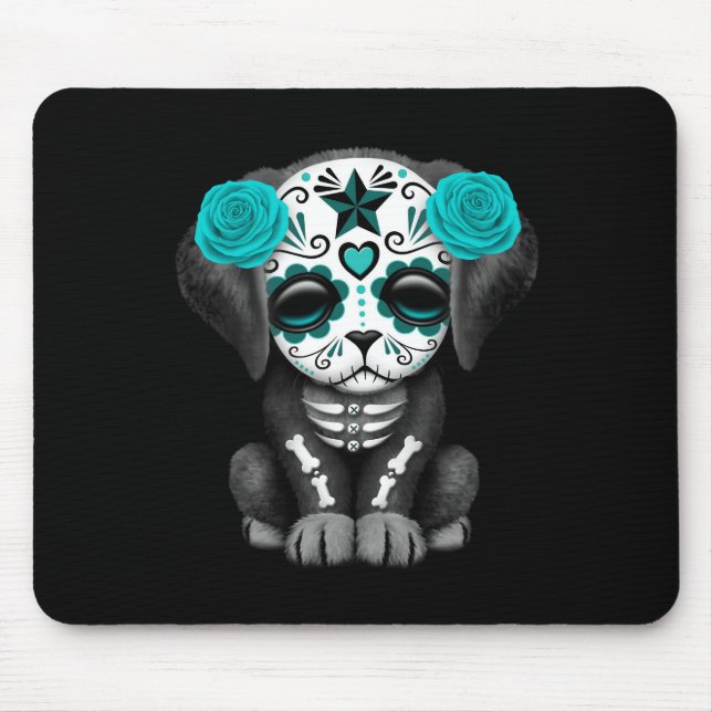 Cute Blue Day of the Dead Puppy Dog Black Mouse Pad (Front)