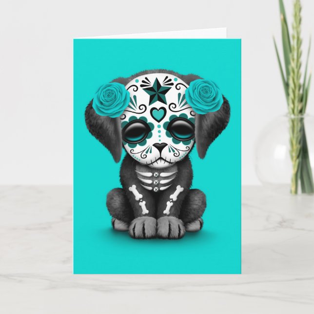 Cute Blue Day of the Dead Puppy Dog Card (Front)
