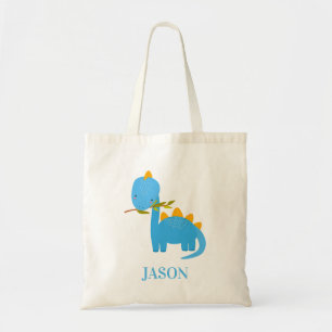 Cute Blue Dino with Custom Name Kids Tote Bag