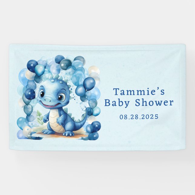 Cute Blue Dinosaur And Balloons Boy Baby Shower Banner (Horizontal)