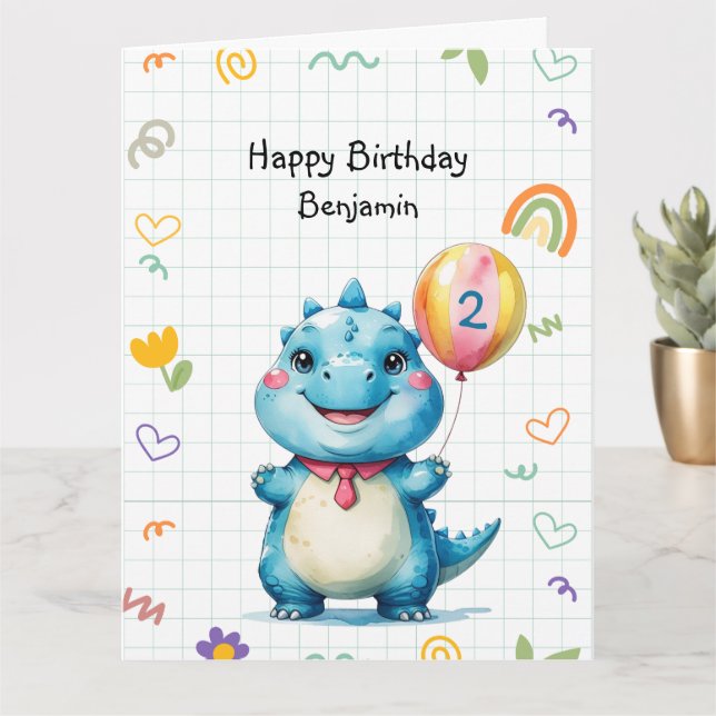 Cute Blue Dinosaur Balloon Boy birthday party Card (Small Plant)