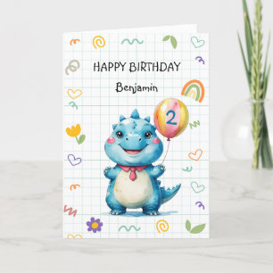 Cute Blue Dinosaur Balloon Boy Happy birthday part Thank You Card