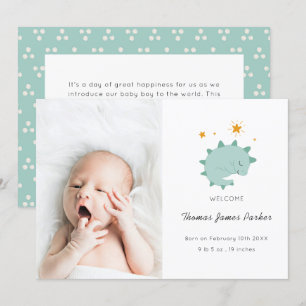 Cute Blue Dinosaur Boy Baby Photo Birth Announcement