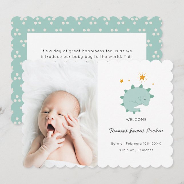 Cute Blue Dinosaur Boy Baby Photo Birth Announcement (Front/Back)