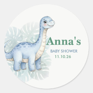Cute Blue Dinosaur Brontosaurus Baby Shower Classic Round Sticker