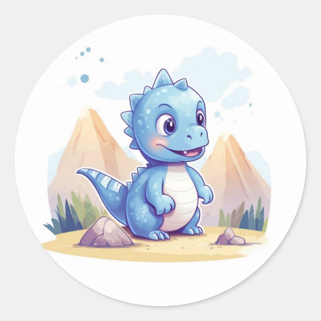 Cute blue dinosaur classic round sticker (Front)