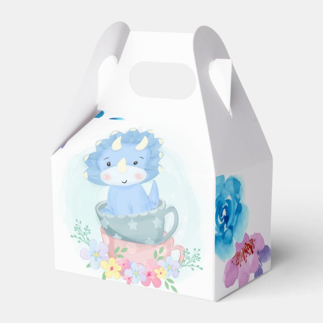Cute Blue Dinosaur Inside Teacups Boy Baby Shower Favor Box (Front Side)