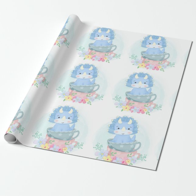 Cute Blue Dinosaur Inside Teacups Boy Baby Shower Wrapping Paper (Unrolled)