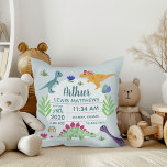 Cute Blue Dinosaur Name Baby Boy Birth Stats Throw Pillow<br><div class="desc">This cute pastel blue modern birth stats baby boy throw pillow features dinosaur cartoons, with a t-rex, stegosaurus and jurassic jungle plants, and can be personalized with your baby boy's full name, date of birth, place of birth, birth weight and birth height. The perfect dinosaur themed baby boy announcement keepsake...</div>