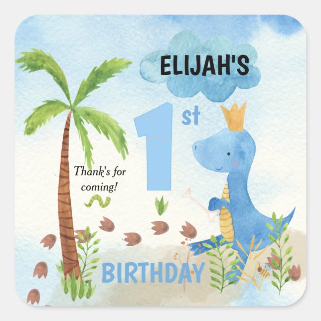 Cute Blue Dinosaur Palm Tree 1st Birthday  Square Sticker (Front)