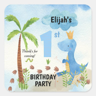 Cute Blue Dinosaur Palm Tree 1st Birthday Square Sticker