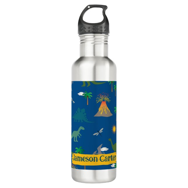Cute Blue Dinosaur Pattern Wildlife Plants Name 710 Ml Water Bottle (Front)