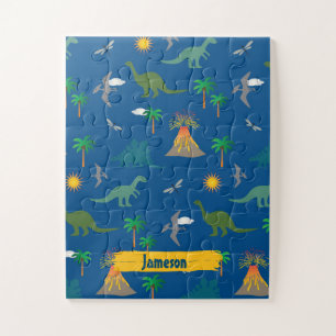 Cute Blue Dinosaur Pattern Wildlife Plants Name Jigsaw Puzzle