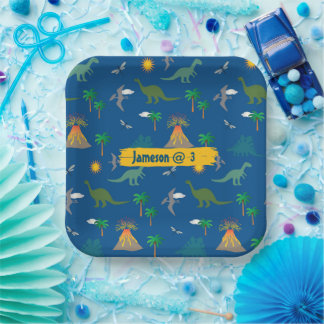 Cute Blue Dinosaur Pattern Wildlife Plants Name Paper Plate