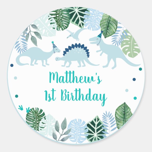 Cute Blue Dinosaur Safari Birthday Classic Round Sticker (Front)