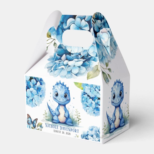 Cute Blue Dinosaur with Florals Boy Baby Shower Favor Box (Front Side)