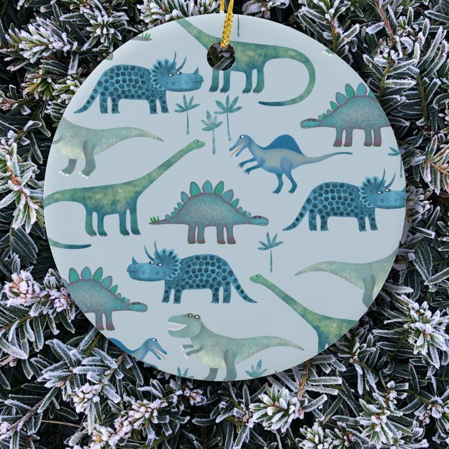 Cute Blue Dinosaurs Ceramic Ornament (Fun blue dinosaur pattern Christmas ornament)